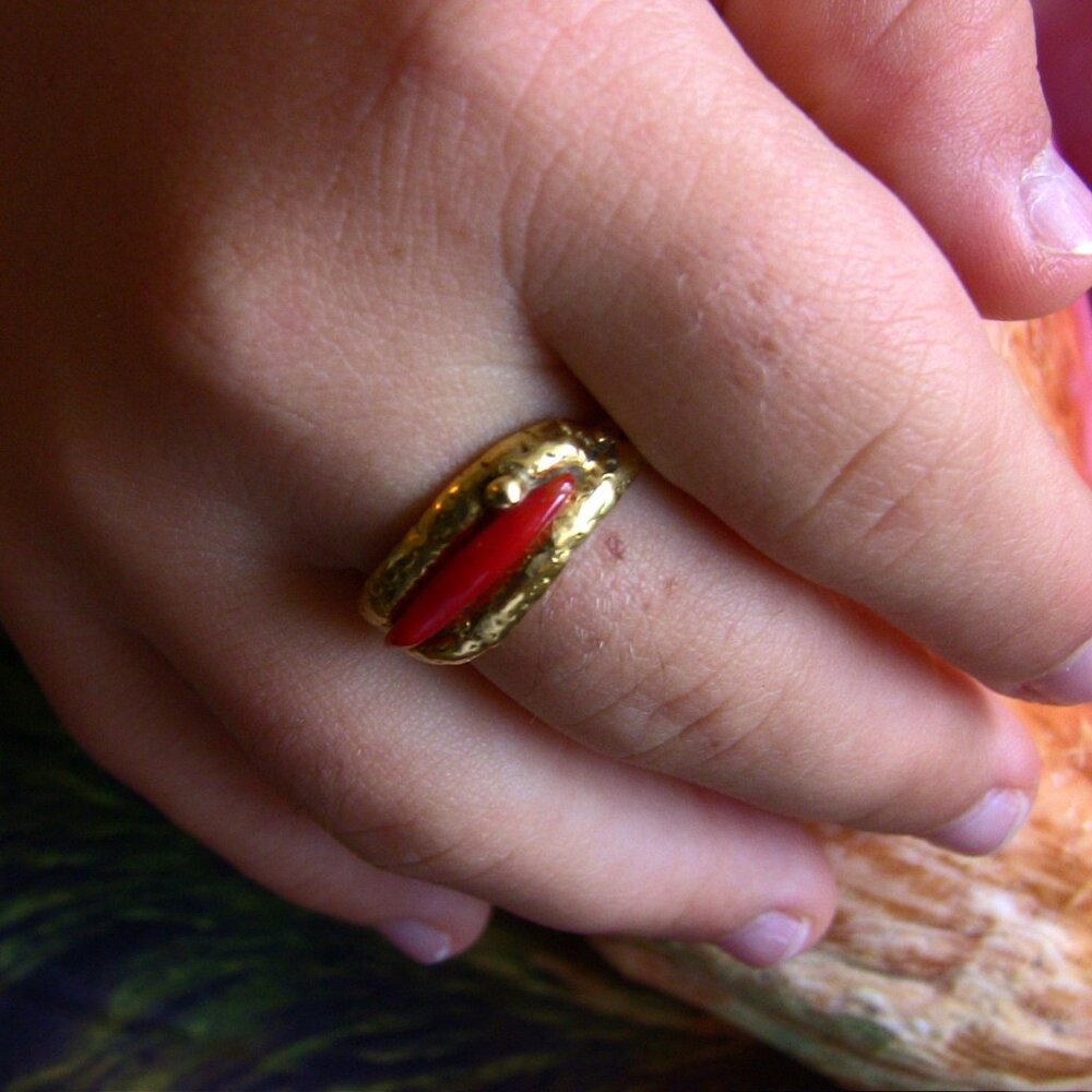 Beautiful Italian red coral ring on 24k pure gold